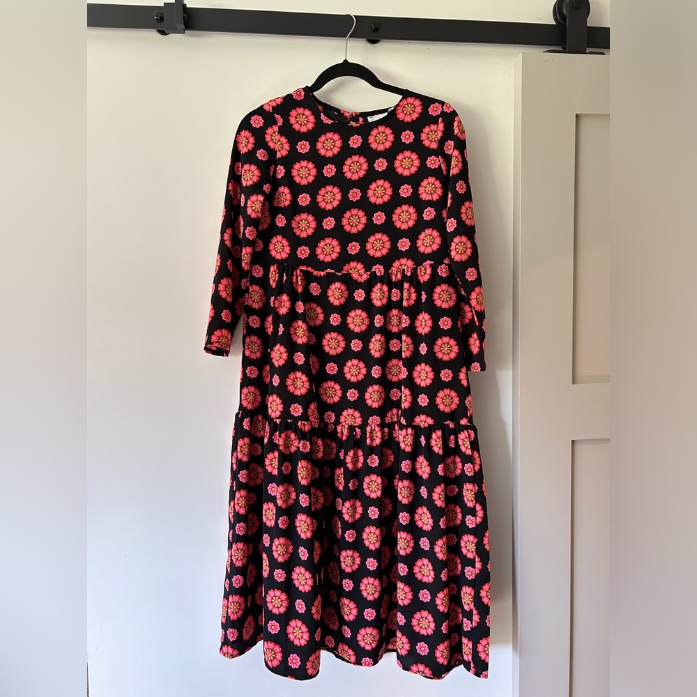 ASOS DESIGN long sleeve tiered smock midi dress in black tile floral print